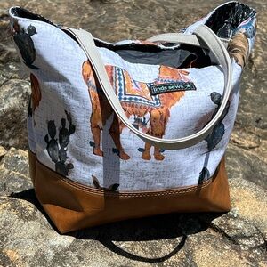 Llama Bag w/ camel color faux leather, canvas and ivory faux leather straps